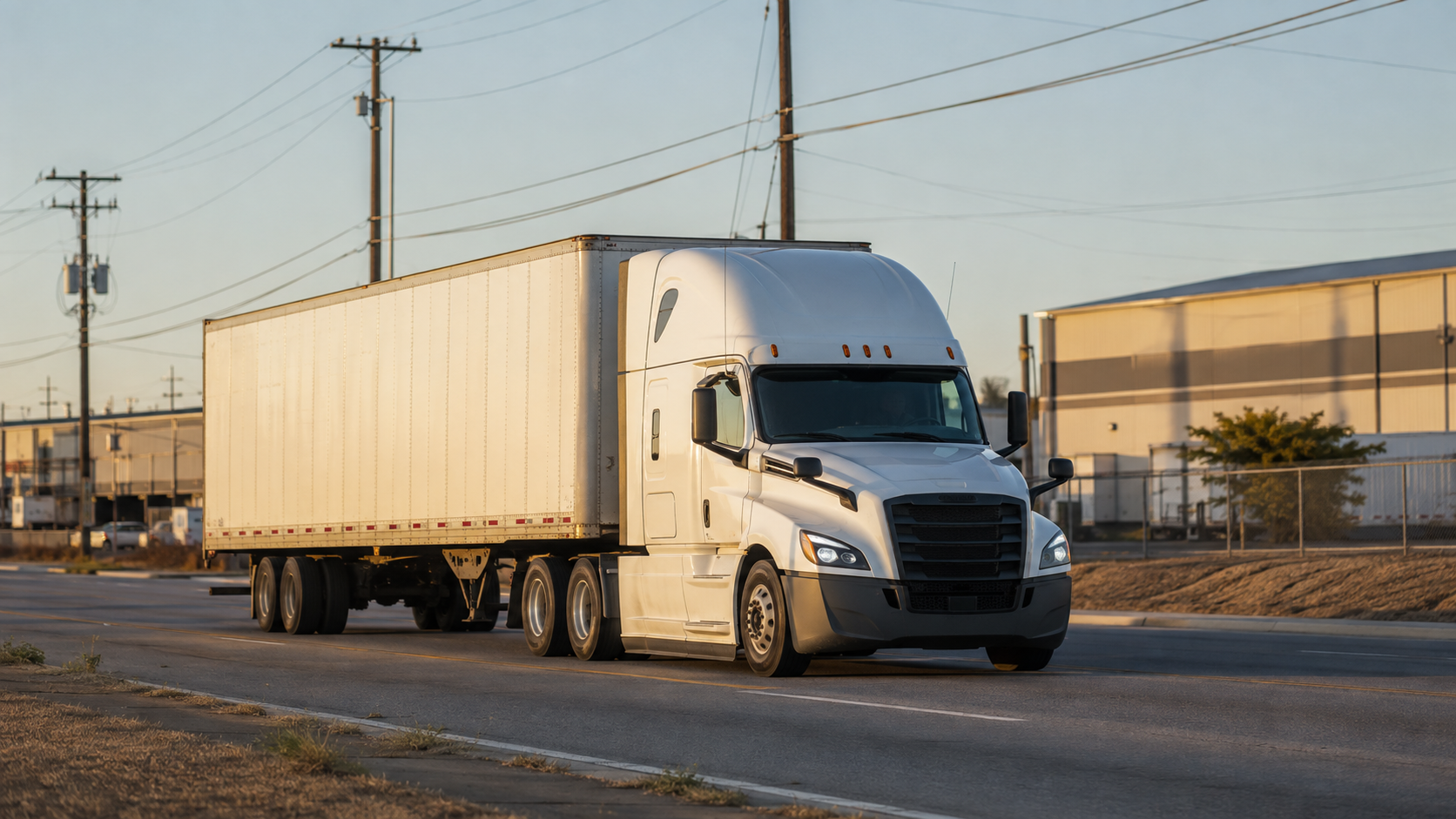 Unbranded semi-truck traveling through an industrial district