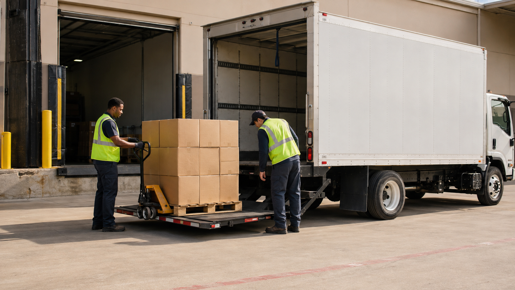 Two warehouse workers coordinating a pallet beside a box truck