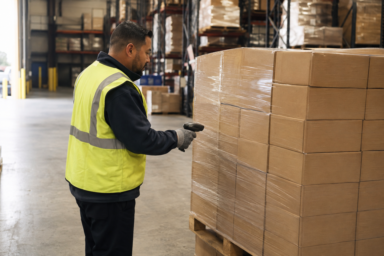 Warehouse employee scanning a wrapped pallet